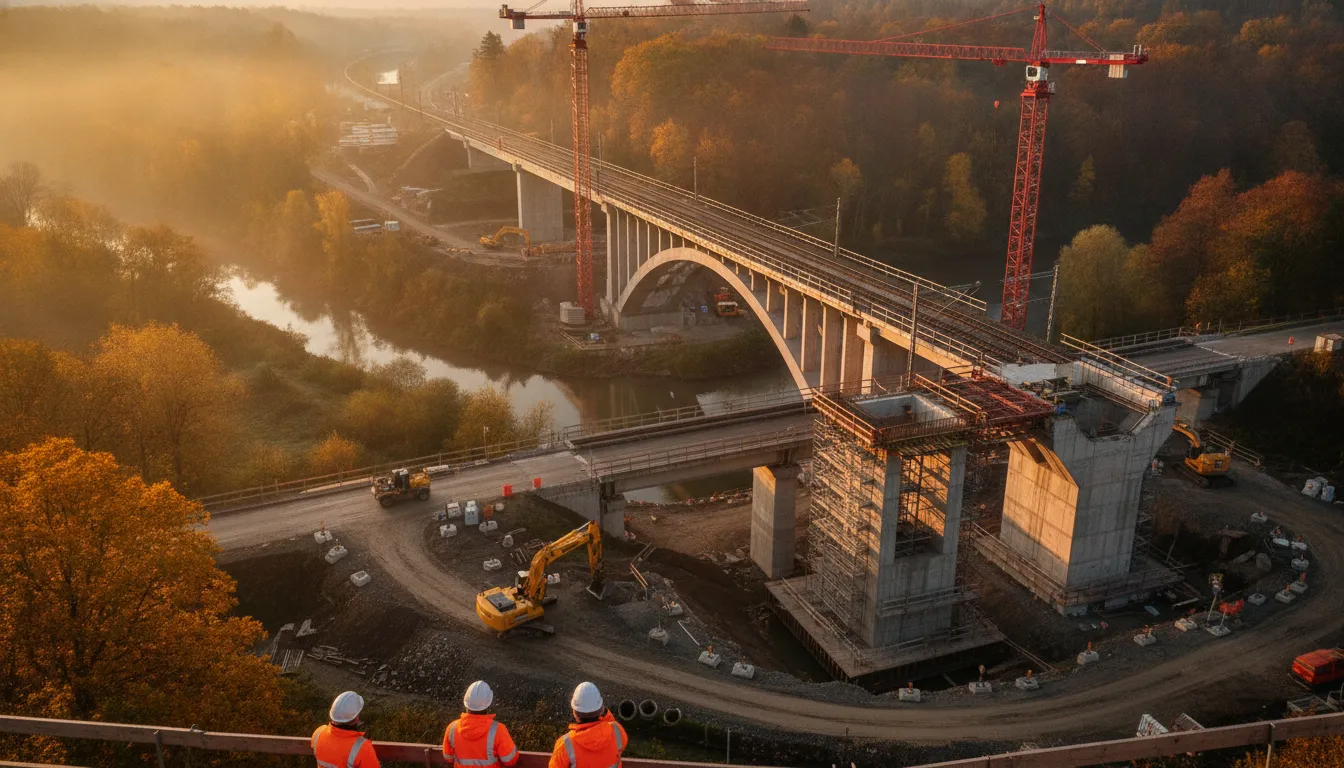 Tiefbau-Großbaustelle mit Brücke, Baggern und Kränen – Rekord beim Auftragseingang im Bauhauptgewerbe 2026